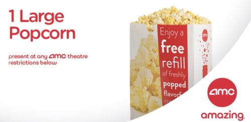 AMC Theaters Certificates For 1 Large Popcorn + 1 Large Fountain Drink Exp Jun20