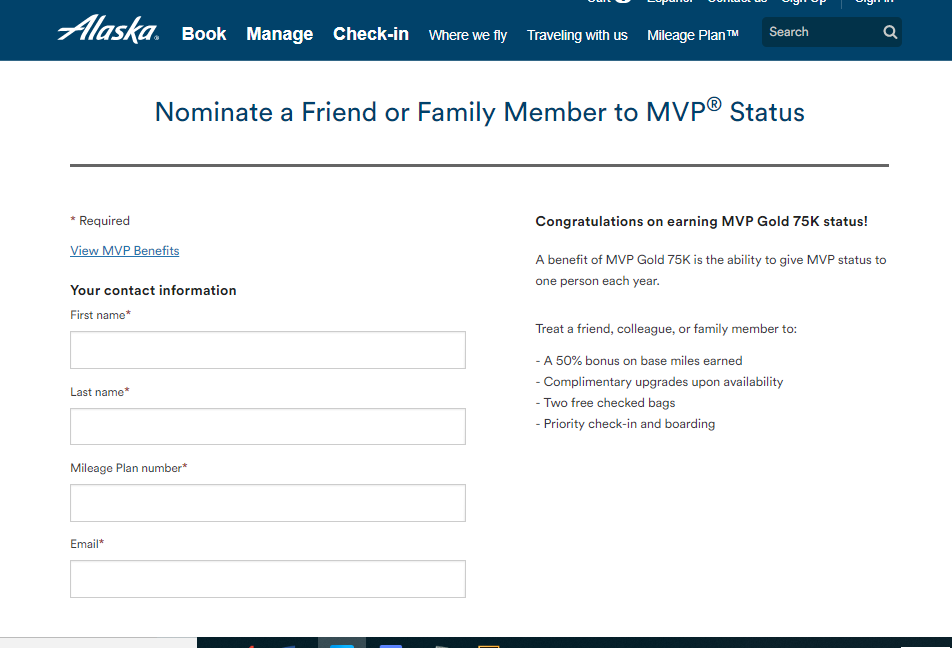 Alaska Airlines Nomination to MVP Status