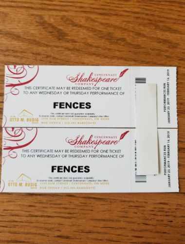 Cincinnati Shakespeare Company 2 Tickets Performance of Fences $115 Value!