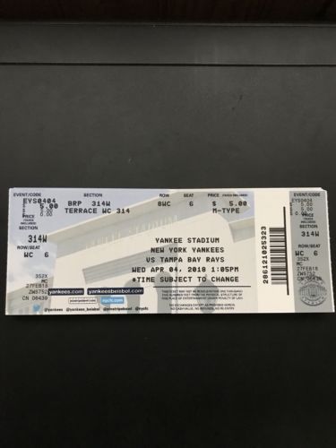 NEW YORK YANKEES TICKET STUB 4/4/18 TAMPA RAYS STANTON JUDGE SANCHEZ SEVERINO
