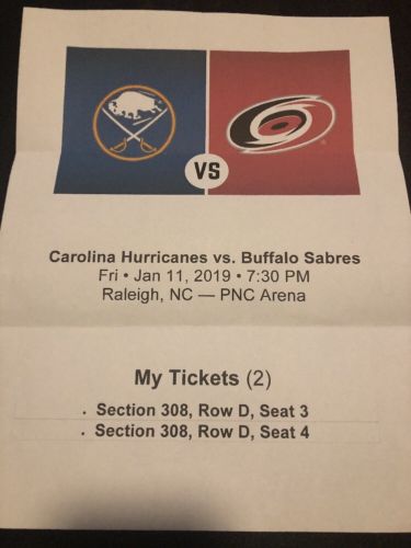 Buffalo Sabres at Carolina Hurricanes Tickets - Raleigh  January 11, 2019 2 Tix