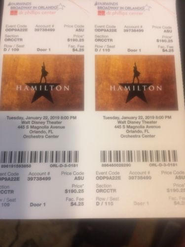 2 Tickets For Hamilton At Walt Disney Theater Opening Night January 22nd 2019