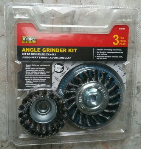 New angle grinder Kit 41/2 in 3 Pc, by Mibro, abrasive flap, wire cup, wheel