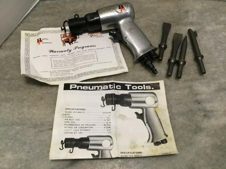 Vintage Pneumatic Air Chisel Hammer Short Barrel 4 Bits Paper Buffalo Pneumatic