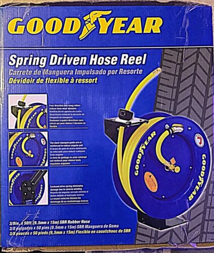 Goodyear Spring Driven Retractable Air Compressor/Water Hose Reel &3/4 50ft Hose
