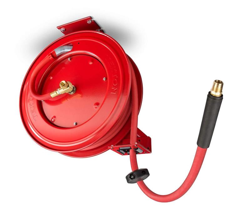Air Hose And Reel Retractable 50-Ft x 1/2-In Home Garage Shop Premium Rubber Red