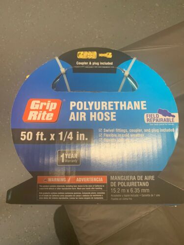GRIP RITE 1/4” X 50' GRIP RITE Polyurethane AIR HOSE, Brass Coupler & Plug