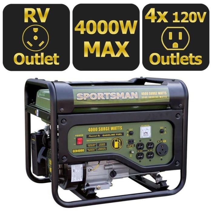 Portable Power Generator w/ RV Outlet 4000/3500 Watt Gas Fuel Camping Operation