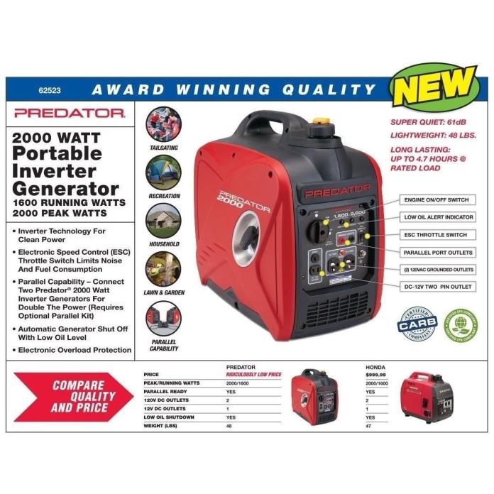 Predator Generators 2,000W Super Quiet Inverter Generator