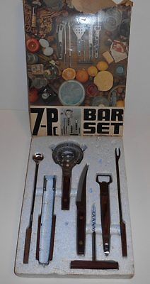 Vintage 7-Piece Bar Utensil Set Stainless Steel With Wooden Handle In Box Japan