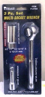 PITTSBURGH 3 Pc Set Multi-Socket Wrench # P-47552 Chrome Vanadium Steel