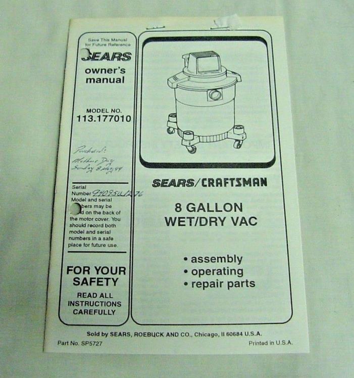 SEARS CRAFTSMAN 113.177010 8 GALLON WET/DRY VAC MANUAL OPERATION PARTS ASSEMBLY