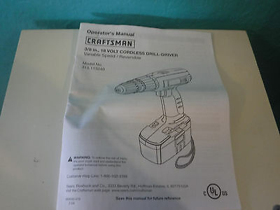 Craftsman 18v Cordless Drill Driver Manual 315.115240 VSR Operator's Manual ONLY