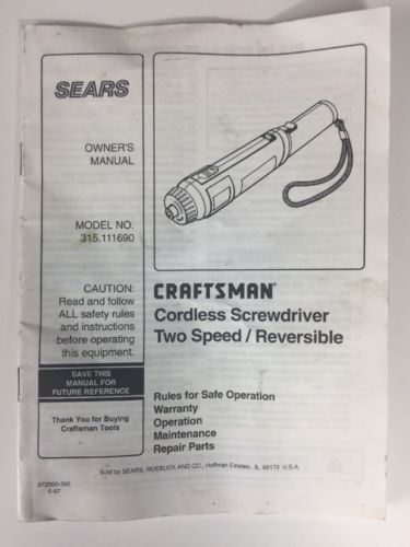 Sears Craftsman Cordless Screwdriver Owners Manual 315.111690 Spanish/English