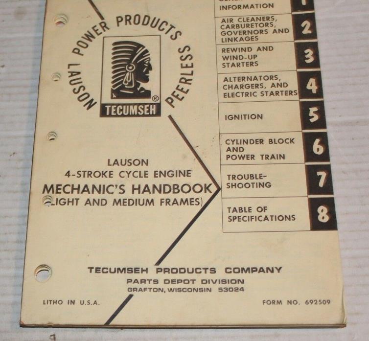 Tecumseh Lauson 4 Stroke Cycle Engine Mechanic Handbook 1970s #692509