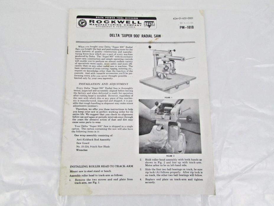 Original Delta Rockwell Super 900 Radial Saw Instructions Manual PM-1818