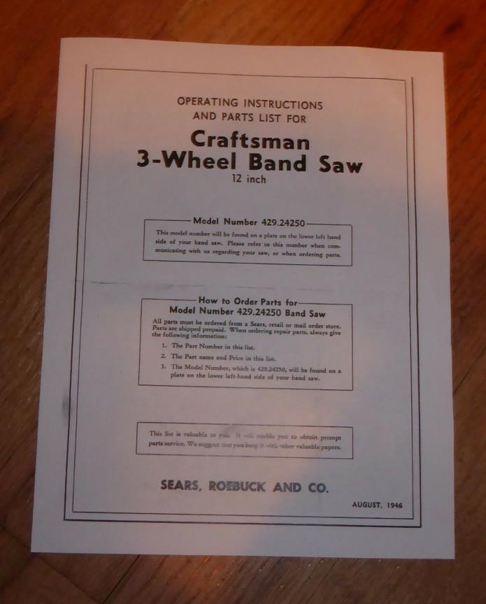 SEARS CRAFTSMAN 12 INCH 3-WHEEL BAND SAW OWNERS MANUAL 429.24250 24250