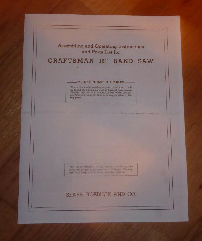 SEARS CRAFTSMAN 12 INCH BAND SAW OWNERS MANUAL 102.01121 01121