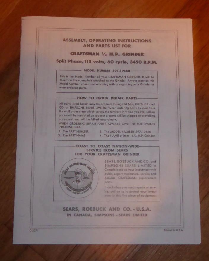 SEARS CRAFTSMAN 1/3 HP GRINDER OWNERS MANUAL 397.19580 19580