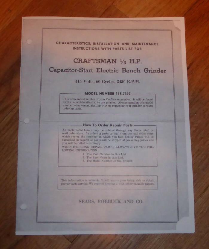 SEARS CRAFTSMAN 1/3 HP GRINDER OWNERS MANUAL 115.7397 7397