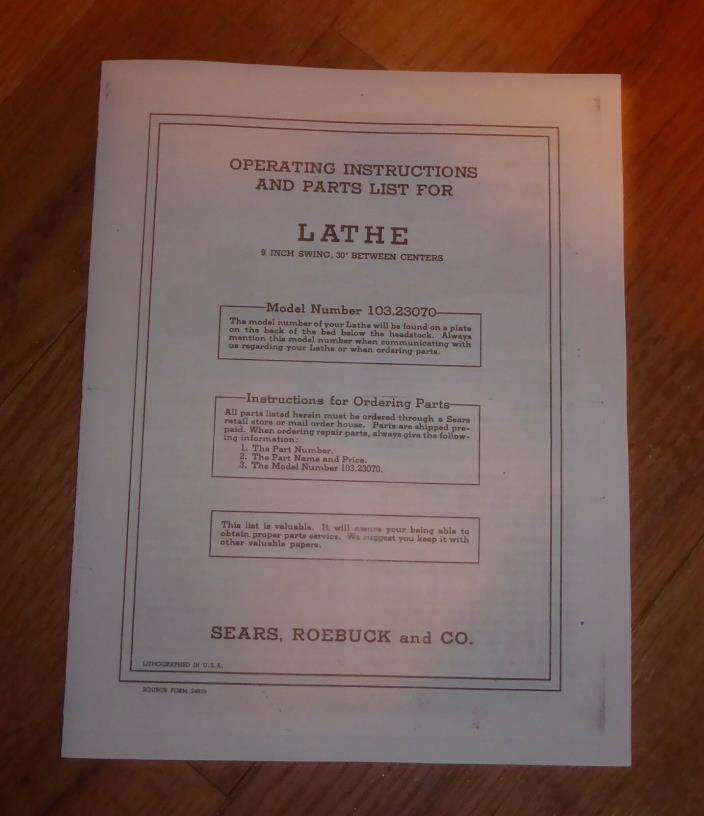 SEARS CRAFTSMAN 9 INCH 30 LONG BETWEEN BENCH LATHE OWNERS MANUAL 103.23070 23070