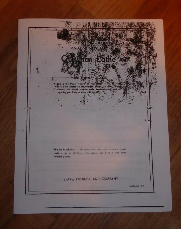 SEARS CRAFTSMAN METAL CUTTING BENCH LATHE OWNERS MANUAL 109.20630 20630
