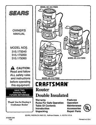 Sears Craftsman Router Dble Insulated MODEL NO. 315.175040 315.175050 315.175060