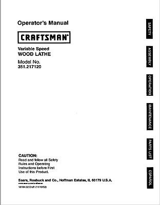 Sears Craftsman Variable Speed WOOD LATHE manual Model No. 351.217120 manual