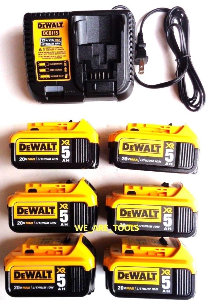 (6) New Genuine Dewalt 20V DCB205 5.0 AH Batteries, (1) DCB115 Charger 20 Volt