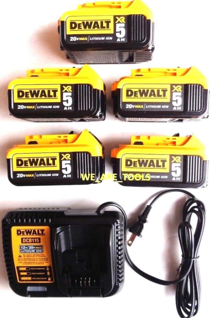 (5) New Genuine Dewalt 20V DCB205 5.0 AH Batteries, (1) DCB115 Charger 20 Volt