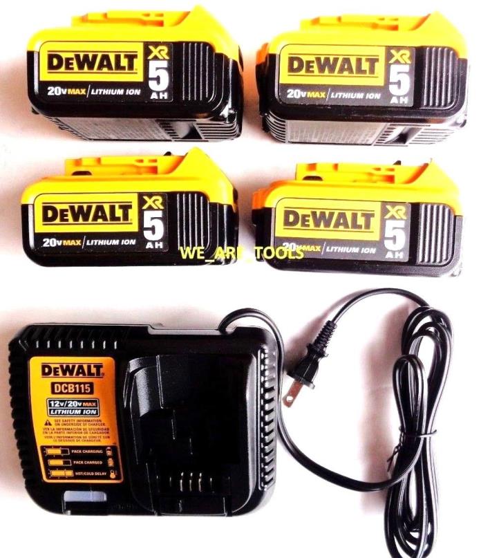 (4) New Genuine Dewalt 20V DCB205 5.0 AH Batteries, (1) DCB115 Charger 20 Volt