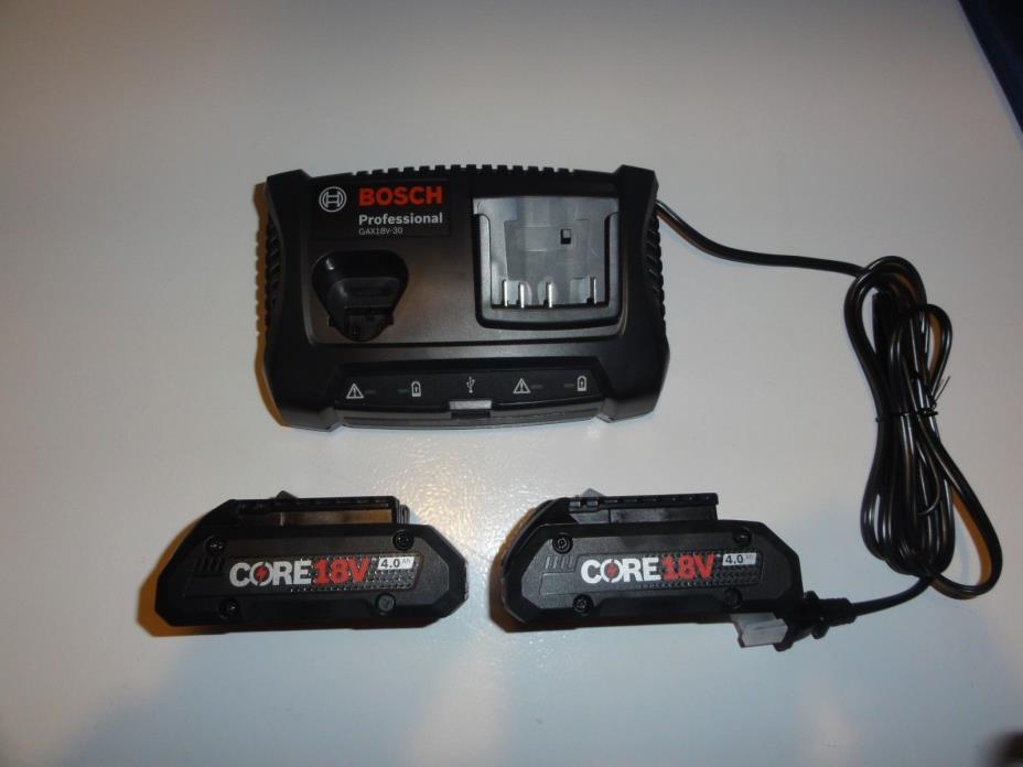 BOSCH GBA18V40 Core 18V Batteries 4.0ah (2) & GAX18V-30 12V&18V CHARGER
