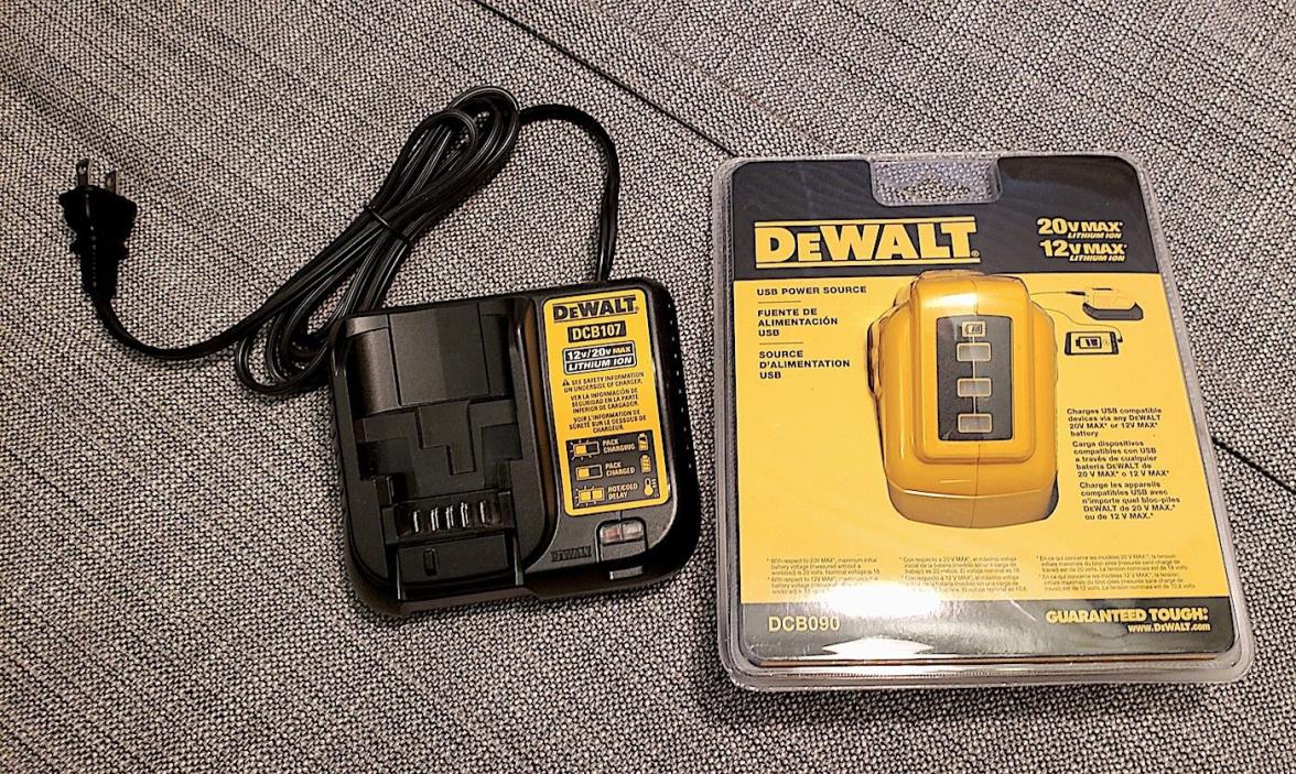 NEW DeWALT DCB090 12V/20V MAX USB POWER SOURCE + NEW DeWALT DCB 107 12v/20v BATT