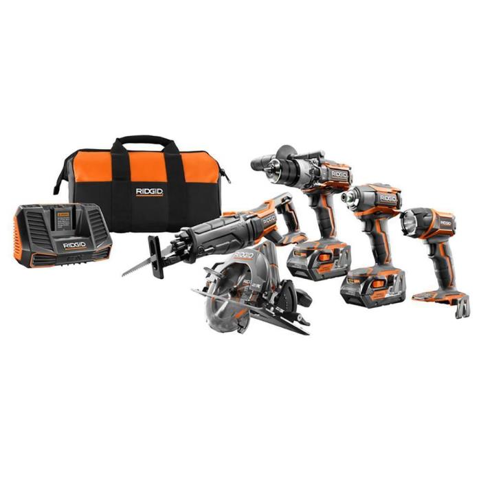 RIGID Cordless Lithium-Ion Combo Kit (5-Tool) with Batteries, Charger and Bag