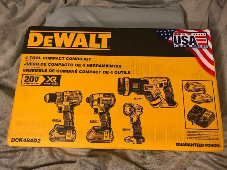 DEWALT DCK484D2 20V Max XR Brushless 4-Tool Compact Combo Kit, Brand New