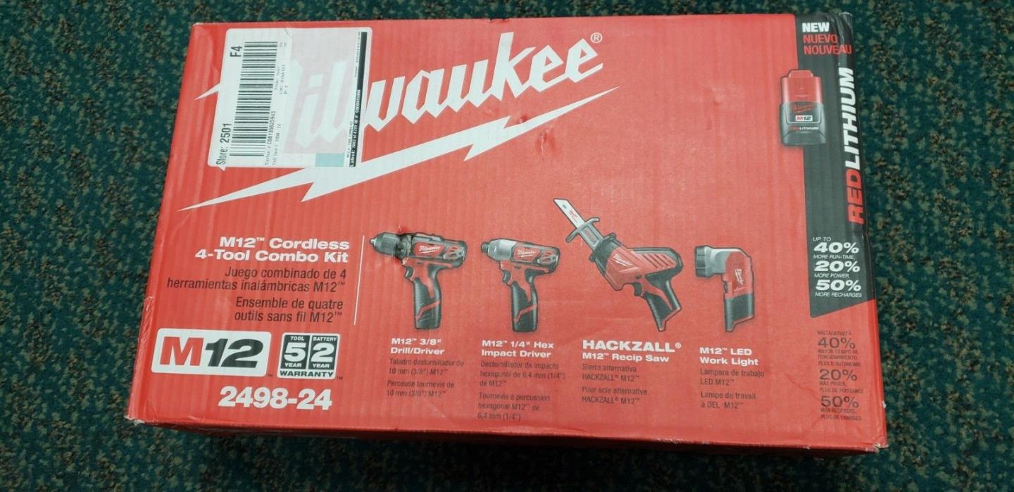 BRAND NEW SEALED Milwaukee 2498-24 M12 Cordless Lithium-Ion 4-Tool Combo Kit New