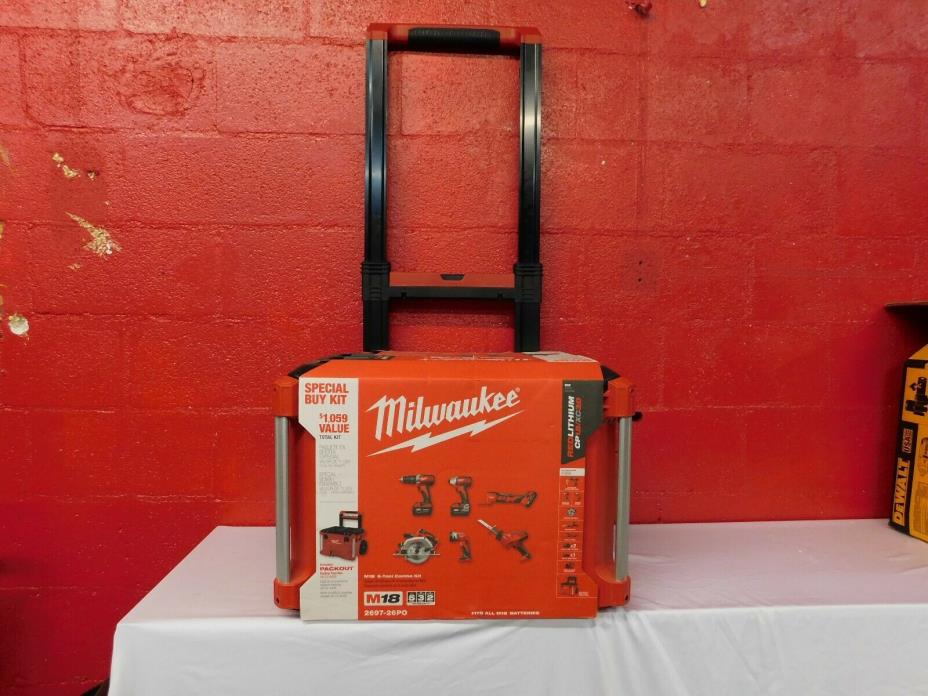 Milwaukee 2697-26PO M18 6-Piece Combo Kit with Packout Rolling Tool Box. Sealed