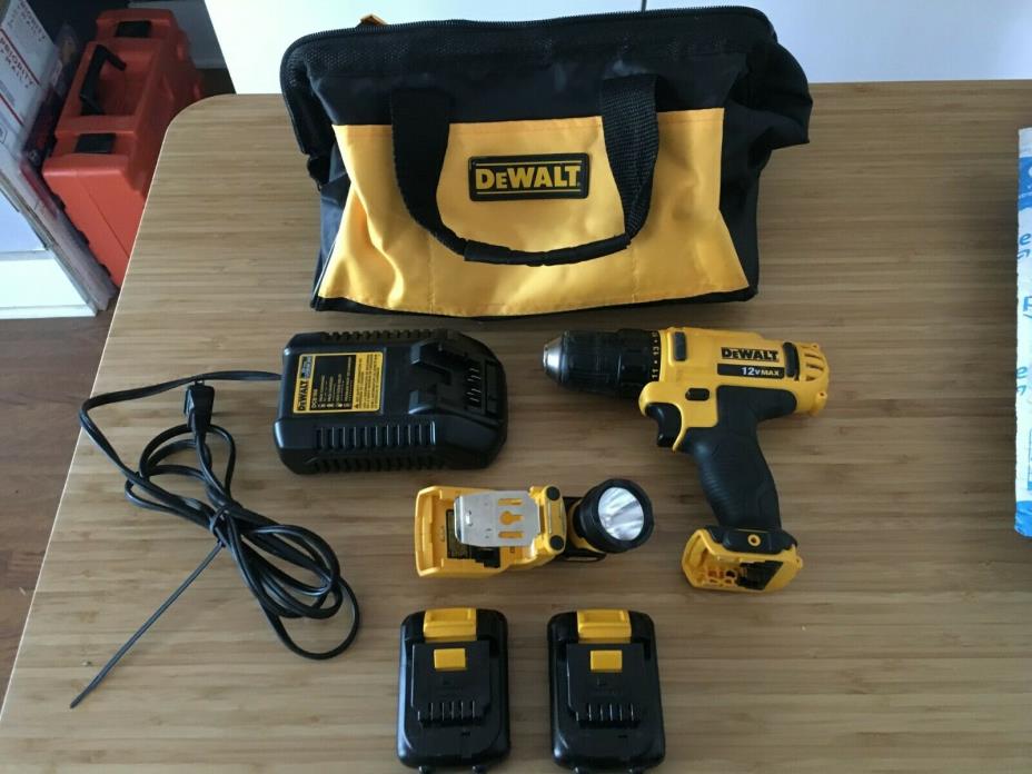DEWALT bundle: drill-driver, worklight, charger, 2 batteries, and a bag