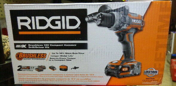 ^ RIDGID R86116K 18 Volt Lithium Ion Half inch Cordless Compact Hammer Drill Kit