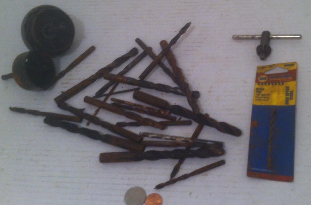Lot of Assorted Drill bits, Drill Chuck Key, Round Saw Holes, Coke Can Clean Rus