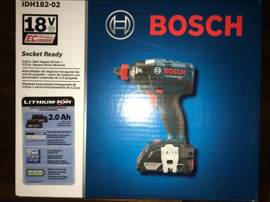 Bosch 18v 1/4 hex impact driver and 1/4 inch square drive wrench, two batteries