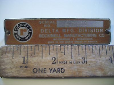 Name and serial Number Plate Vintage Rockwell Delta  Wood Lathe Serial #0-2959