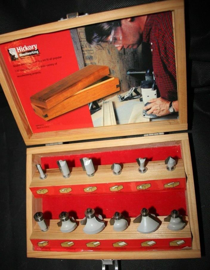 Hickory Woodworking Router Bits in Wood Box Woodworking Cabinet Maker 12 Bit Set