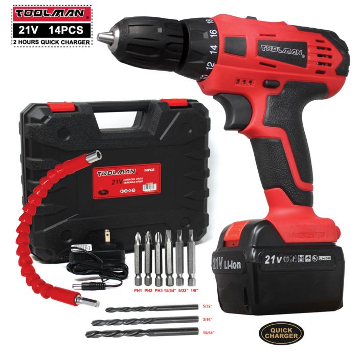 Toolman Cordless Drill Kit 21V with Drill Set 14 pcs for Heavy Duty