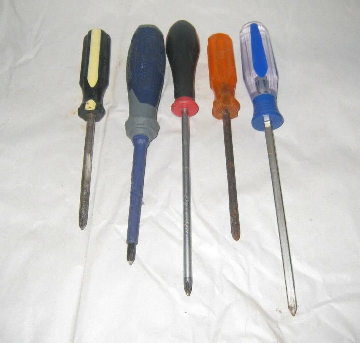 Lot of Five Used phillips type Srewdrivers Wear and Rust One has Magnetic Tip