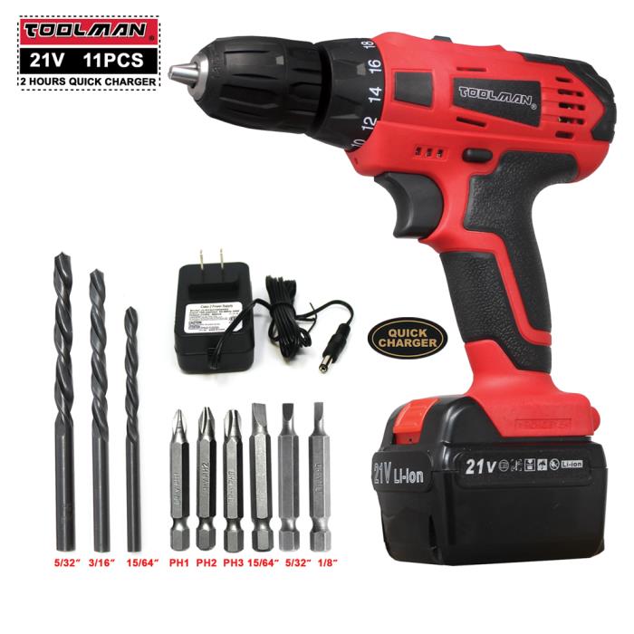 Toolman Cordless Drill Kit 21V with Drill Set 11 pcs for Heavy Duty