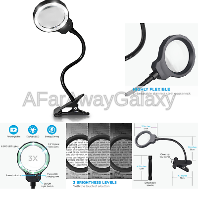 Fancii Daylight LED 3X Magnifying Lamp Rechargeable with Metal Clamp - Illumi...