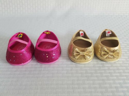 BUILD A BEAR SHOES GOLD BOW and FUSHIA PINK SPARKLE LOT of 2 SHOES EUC
