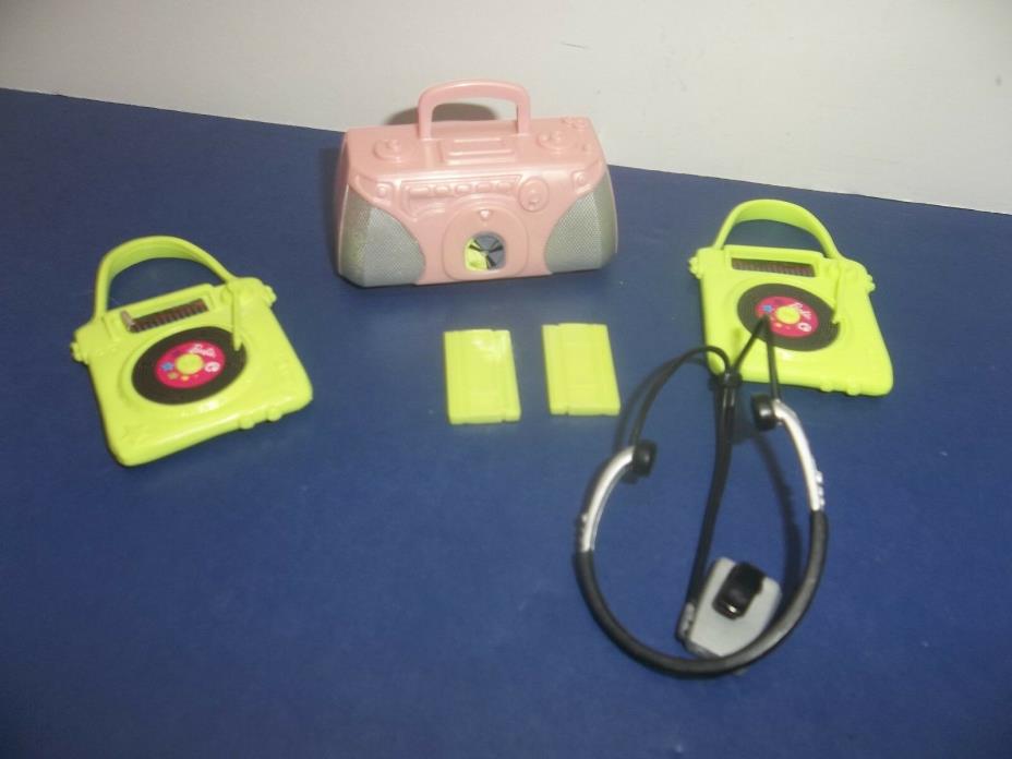 BARBIE CD PLAYER, 2 RECORD PLAYERS, WALKMAN, AND CASSETTE TAPE