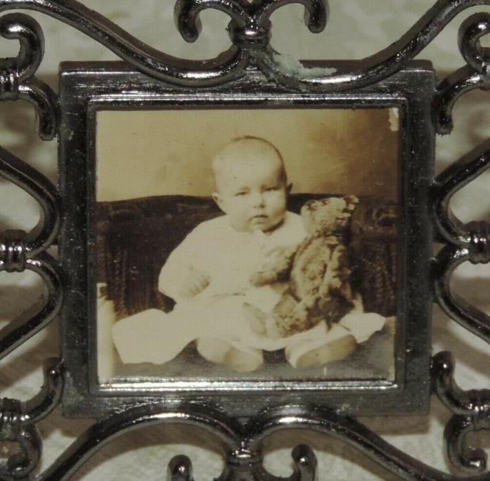 Vintage Miniature Pewter Picture Frame Original Antique Photo Baby w Teddy Bear